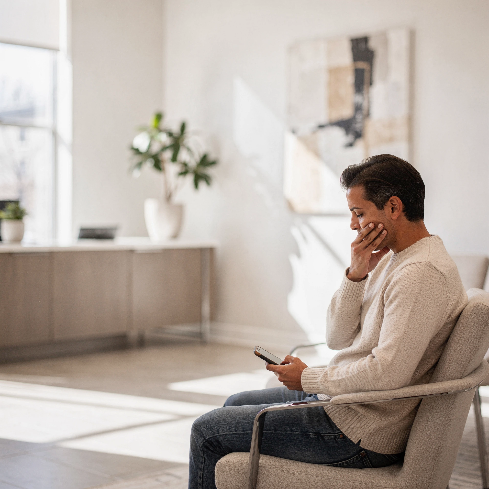 Man sitting in a modern dental waiting room, holding a phone and touching his cheek with a concerned expression